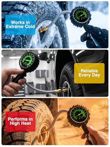 AZUNO Heavy Duty Tire Pressure Gauge, Tire Inflator Gauge 230PSI Air Chuck Air Compressor Attachments, with Steel Braided Hose, Large 2.6" Glow Dial & Quick Connect Coupler, for Truck/Car/SUV/RV/Bike - size: 230 PSI Analog For Truck&RV