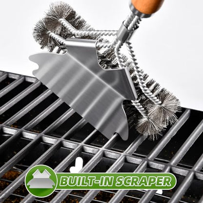 SUBEKYU Outdoor BBQ Grill Brush, 15.3'' Scraper Cleaning Brush - Stainless Steel Grill Cleaner with Scraper, Beech Wood Handle, 1Pack