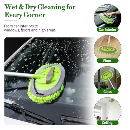 Car Wash Brush with Long Handle - 62" Car Wash Kit with Chenille Microfiber Cleaning Brush, Car Washing Mop with 3 Replacement Mitts, Scratch-Free Scrub Washer Wand for Vehicles, RV, Truck Green - color: Green