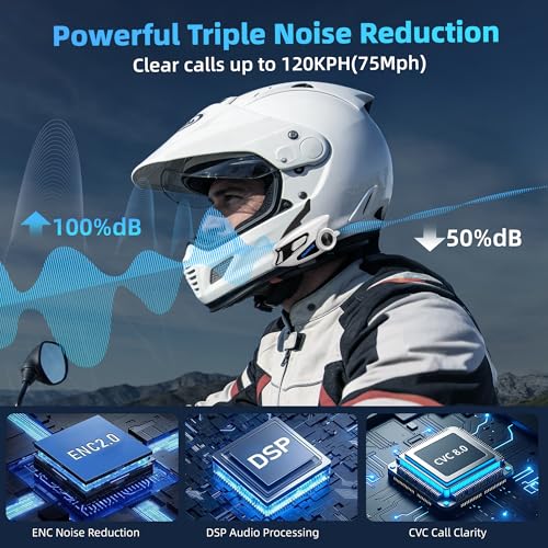 Motorcycle Bluetooth Headset with 43mm Helmet Speakers, 2-Way Helmet Intercom Communication System with Noise Cancellation, Music Sharing, FM, IP67 Waterproof (White,1-Pack) - color: White