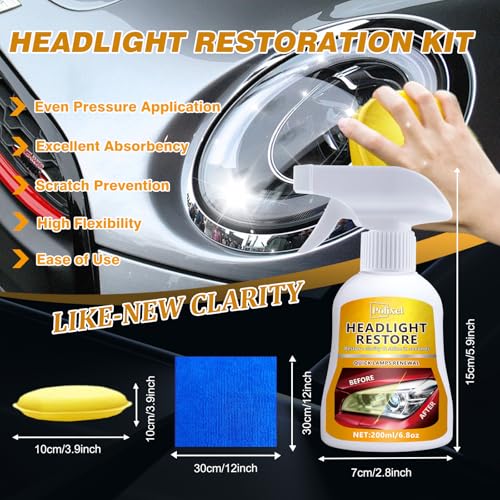 Headlight Cleaner Spray Headlight Restoration Kit for Yellowed, Foggy & Oxidized Headlights Instant Restoration Restores Crystal Clear Clarity Safe for Cars, Trucks, SUVs & Motorcycles