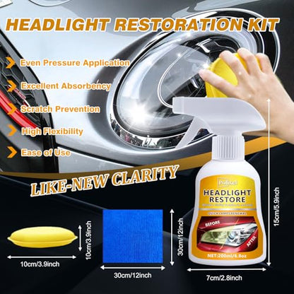 Headlight Cleaner Spray Headlight Restoration Kit for Yellowed, Foggy & Oxidized Headlights Instant Restoration Restores Crystal Clear Clarity Safe for Cars, Trucks, SUVs & Motorcycles