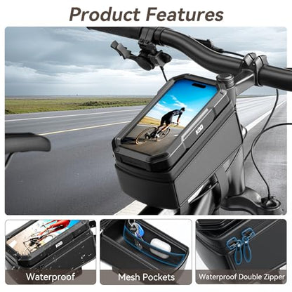KDD Bike Front Frame Bag with Waterproof Phone Holder, Mountain Cycling Storage Pouch, Handlebar Bag with Phone Mount, Bicycle Accessories for Top Tube, Fit for iPhone 17 Pro Max, Cellphone Under 7''