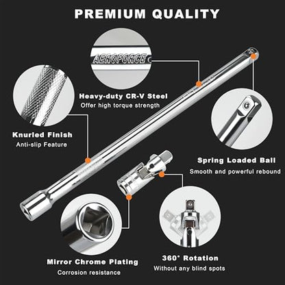 AEROFORCE 14PCS 3/8-Inch Drive Swivel Magnetic Spark Plug Socket Set with 3/8'' Torque Wrench (5-45 Lb.ft/6.8-61.2 Nm), Universal Joint & Extension Bar - Durable CR-V Steel for Easy Spark Plug Removal - size: 14PCS full Magnetic
