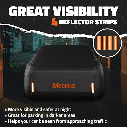 Mockins 175"x70"x60" XS Sedan Car Cover Waterproof All Weather Protector | Heavy Duty 250G PVC & Cotton Lined Car Covers for Automobiles | Windproof Full Exterior Covers w/ Buckle Strap & Reflectors - size: Sedan - X-Small - 175"x70"x60"