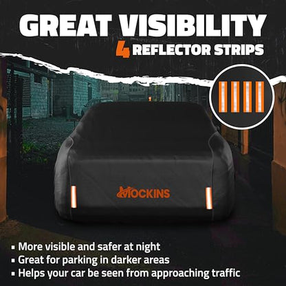 Mockins 175"x70"x60" XS Sedan Car Cover Waterproof All Weather Protector | Heavy Duty 250G PVC & Cotton Lined Car Covers for Automobiles | Windproof Full Exterior Covers w/ Buckle Strap & Reflectors - size: Sedan - X-Small - 175"x70"x60"