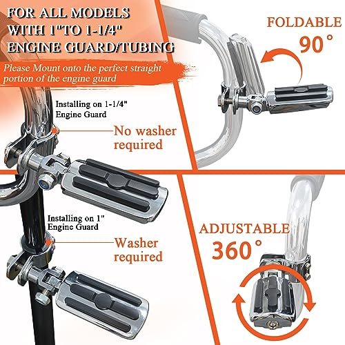 FOVPLUE 1",1.25"Highway Footpegs, Adjustable Highway Peg w/Clamp for Harley Touring Softail Dyna Sportster models w/25mm-32mm Engine Guard/Tubing, CHROME#1 - color: Chrome and Rubber Style