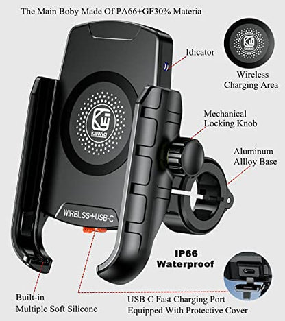 BRCOVAN Motorcycle Phone Mount Holder with Wireless & USB-C Charger | Qi 15W & PD 20W, Waterproof Cellphone Cradle with Aluminum Alloy Handlebar Mounting Base for 4'' - 8'' Smartphones
