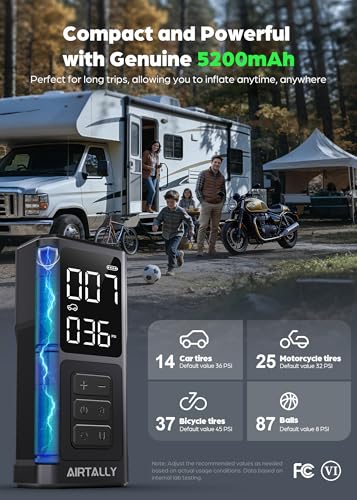 Tire Inflator Portable Air Compressor - 5200mAh 150PSI Quickly Inflate Portable Air Pump for Car Tires/Bike/Basketball with LED Large Dual Screen, Pressure Gauge & Auto Shut-Off