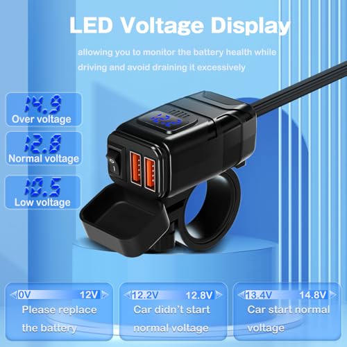 Motorcycle Phone Charger,Dual USB 6.8A Quick Charge 3.0 Motorcycle Charger Adapat with Voltmeter & ON/Off Switch, Waterproof SAE to USB Adapter for Phone, Tablet, GPS (Blue) - color: Blue