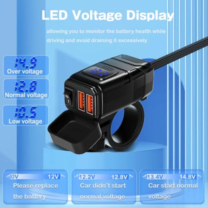 Motorcycle Phone Charger,Dual USB 6.8A Quick Charge 3.0 Motorcycle Charger Adapat with Voltmeter & ON/Off Switch, Waterproof SAE to USB Adapter for Phone, Tablet, GPS (Blue) - color: Blue