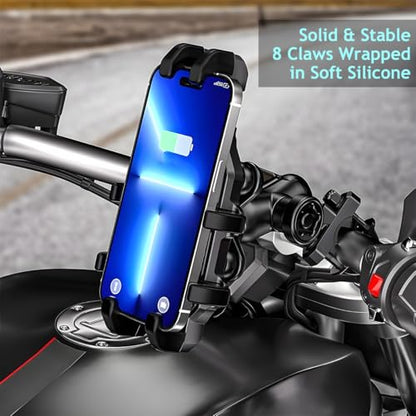 Motorcycle Phone Mount Holder, 360° Adjustable Anti-Theft Motorbike Handlebar Cellphone Mount with Vibration Dampener, Bike Smartphone Holder Clamp, Suitable for 5.1"-7" Phones