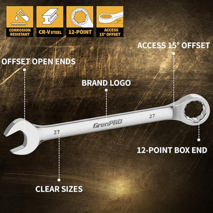 GRENPRO Metric Wrench Set, Large Wrench Set Metric and Standard, 7PC 23mm, 24mm, 26mm, 27mm, 30mm, 32mm Long Big Open End Wrench Tool Set Roll Up Pouch Organizer with Gauge, Combination Wrenches Sets - style: Metric Wrench Set Large