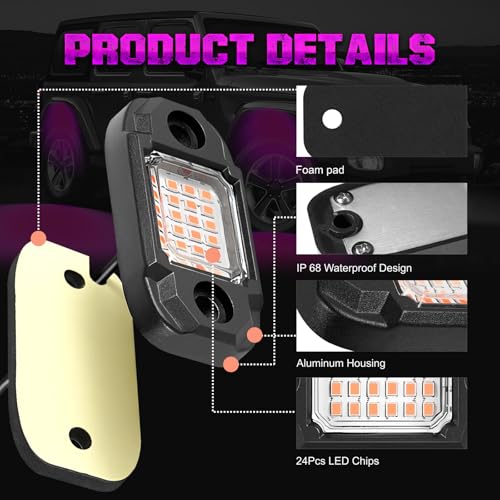 4 Pods Purple Rock Lights 24 LEDs Chips Waterproof Neon Trail Rig Lamp Underglow Light for Car Truck Motorcycle SUV ATV UTV - color: Purple