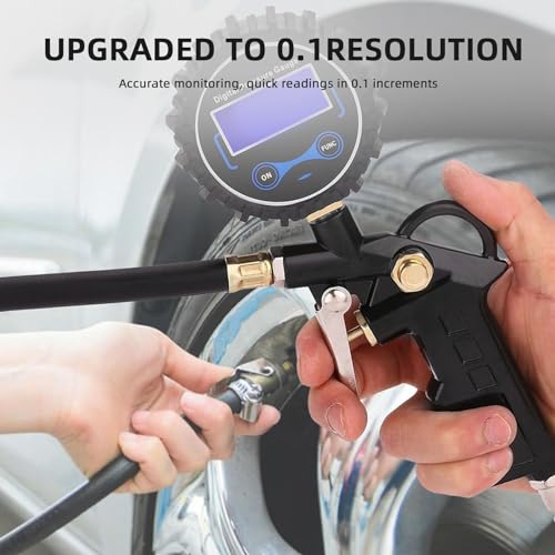 Tire Pressure Gauge with Inflator, 250 PSI Air Chuck and Compressor Accessory, Heavy Duty, with Quick Connector, 0.1 Display Resolution, Car, Motorcycle, SUV, Truck, RV Accessory