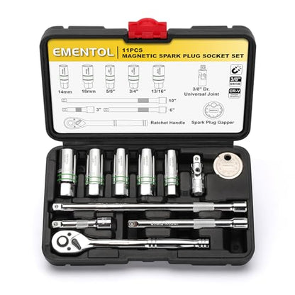 EMENTOL 11-Piece 3/8" Drive Magnetic Spark Plug Socket Set (5/8", 3/4", 13/16", 14mm, 18mm), with Ratchet Wrench & Universal Joint, Extension Bar and Spark Plug Gapper - size: 11-Piece Set (Magnetic)
