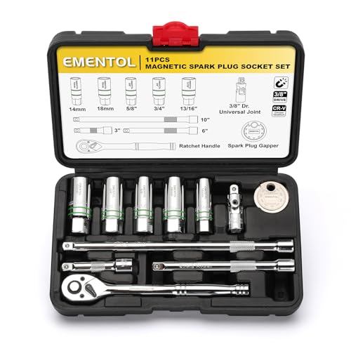 EMENTOL 11-Piece 3/8" Drive Magnetic Spark Plug Socket Set (5/8", 3/4", 13/16", 14mm, 18mm), with Ratchet Wrench & Universal Joint, Extension Bar and Spark Plug Gapper - size: 11-Piece Set (Magnetic)