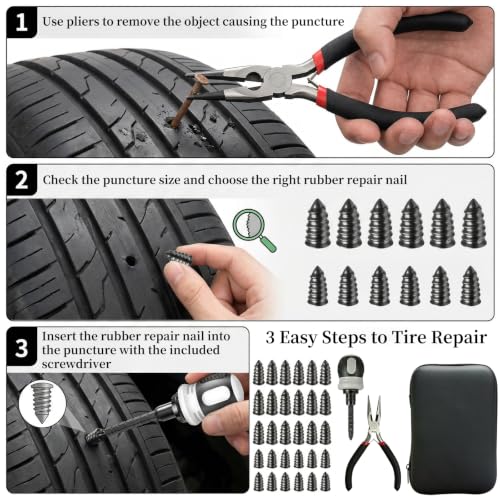 Tire Repair Kit, 60PCS Rubber Tire Repair Plugs with 3-in-1 Ratchet Screwdriver, Needle Nose Pliers & EVA Storage Case, Tubeless Tire Emergency Repair Kit for Car, Motorcycle, SUV & Truck