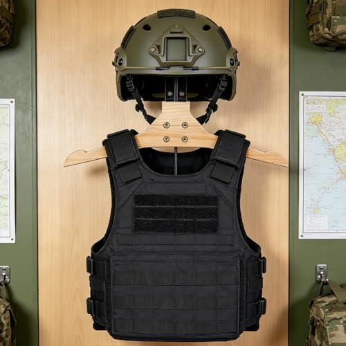 Tactical Gear Stand Wooden Motorcycle Helmet Holder Wall Mount Heavy Duty Helmet Display Rack with Hooks Jacket Hanger Wall Mounted for Motorcycle Football Cycling Accessories