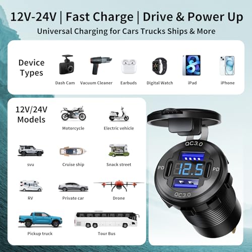 12V USB Outlet Dual QC3.0 & PD3.0 USB C Port Car Charger Socket with Voltmeter,78W Aluminum Alloy Waterproof Quick Charger for Car Boat Marine Motorcycle RV Truck ATV Golf Cart - color: pack of one