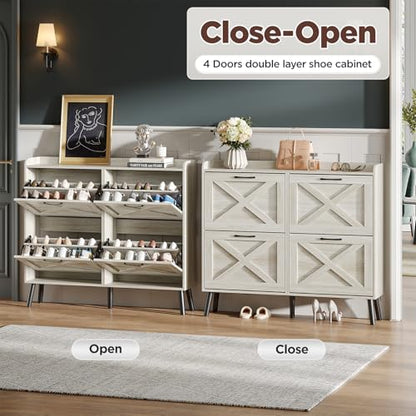 Maupvit Large Shoe Storage Cabinet with 4 Flip Drawers, Narrow Shoe Cabinet for Entryway with Wooden Legs, Freestanding Hidden Shoe Rack Organizer ＆ Metal Hinges, Beige - color: Beige, style: 4-Drawers