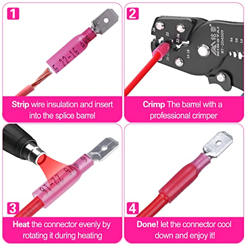 100 PCS 22-16 AWG Waterproof Heat Shrink Quick Disconnect Connectors, Crimp Electrical Wire Male Spade Connectors Insulated Disconnect for Marine Automotive Motorcycle Home Wiring (Red) - size: [22-16 AWG] Male x 100