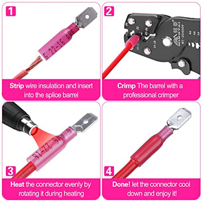100 PCS 22-16 AWG Waterproof Heat Shrink Quick Disconnect Connectors, Crimp Electrical Wire Male Spade Connectors Insulated Disconnect for Marine Automotive Motorcycle Home Wiring (Red) - size: [22-16 AWG] Male x 100