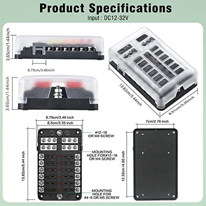 12-Way Marine Fuse Block,Waterproof 12v Fuse Block with LED Indicator for 12V/24V Automotive Golf Cart Truck Car Boat Marine RV Motorcycle - style: 12-Way