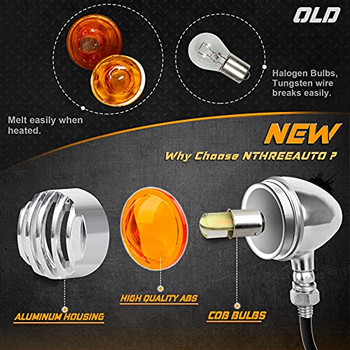NTHREEAUTO Universal Motorcycle Blinkers Bullet LED Turn Signals Indicator Front Compatible with Harley Dyna, Honda Shadow, Kawasaki Vulcan, Yahama, Bobber, Suzuki 12V Motorbikes - color: Chrome/Amber