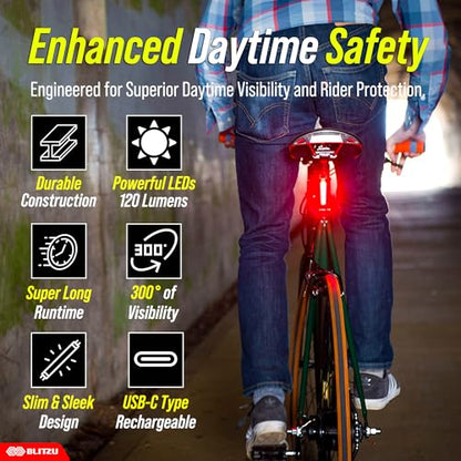 BLITZU USB-C Rechargeable Bike Tail Light 2 Pack, Bright Bicycle Rear Cycling Safety Flashlight Accessories for Night Riding, Cyborg 120T, 4 Light Modes for Adults Kids Men Women Road Mountain