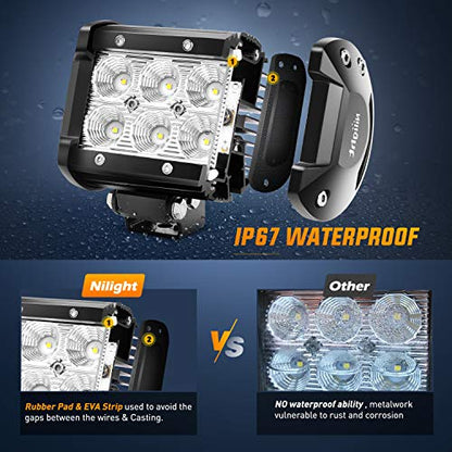 Nilight LED Pods 4PCS 18W 1260lm Flood LED Light Bar Driving Fog Light Off Road Lights Work Light 24V 12V For Motorcycles Van Camper Wagon Car Pickup ATV UTV SUV Truck Boat, 2 Years Warranty - size: 4 LED Pods without Wiring Harness
