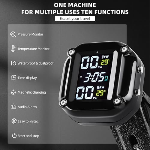 Motorcycle Tire Pressure Monitoring System, Motorcycle TPMS System with 2 External Sensors, LCD Display, IP67 Waterproof Dustproof, Motorbike Tyre Temperature Alarm, Two-Wheeled Motorcycle TPMS