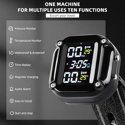 Motorcycle Tire Pressure Monitoring System, Motorcycle TPMS System with 2 External Sensors, LCD Display, IP67 Waterproof Dustproof, Motorbike Tyre Temperature Alarm, Two-Wheeled Motorcycle TPMS