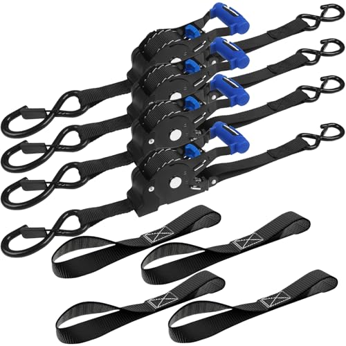 Retractable Ratchet Straps (4-Pack) - 1 Inch x 10 Feet (1,500lb Break Strength) - Auto Self Retracting Tie Down Straps for Truck, Cargo Trailer, Motorcycle, ATV, UTV - Blue