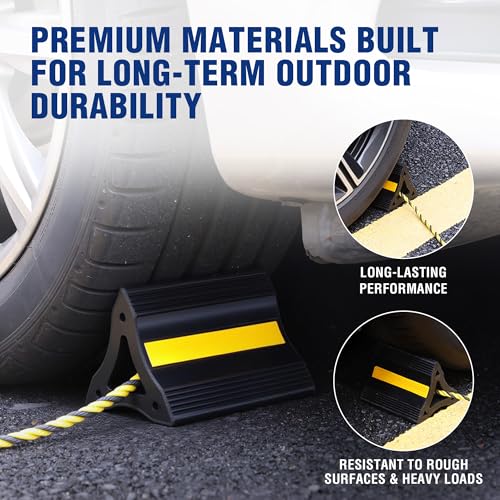 WORKPRO 4-Pack Rubber Wheel Chocks with Rope & 3 Reflective Strips, Heavy Duty Non-Slip Tire Stoppers for Cars, SUVs & Trailers, Rubber Wheel Wedges for Garage & Driveway