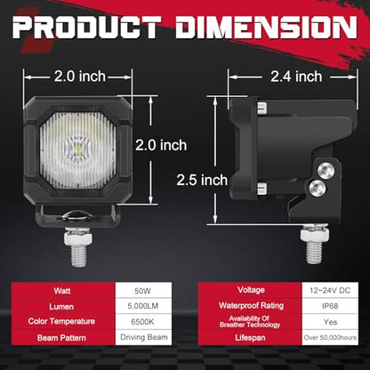 LED Pods, OFFROADTOWN 2inch 50W LED Cubes Driving Lights Pods Bumper Light Ditch Fog Reverse Light for Truck Pickup UTV ATV SUV 4x4 Car Motorcycle - Driving - color: 2inch_White Driving