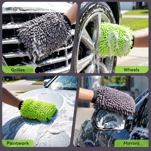 4Pack Scratch-Free Car Wash Mitt with Elastic Wrist Cuff & Waterproof Lining, High-Density Microfiber Mitt for Car Detailing, Protects Hands & Paint,Household Cleaning Glove Set(Grey) - color: 8"×12"-grey_2pcs