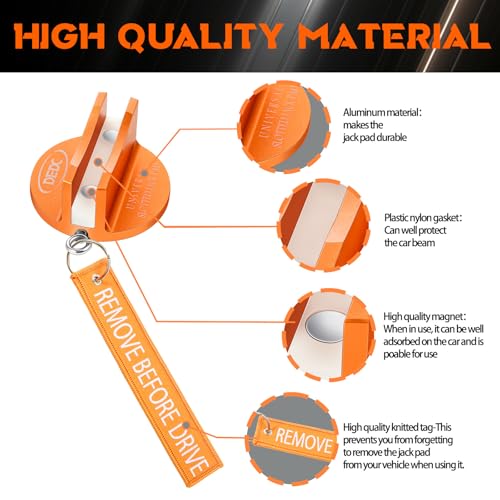 DEDC Universal Aluminum Grooved Magnetic Jack Pad 4 Pcs, Jack Pinch Weld Adapter, Frame Rail Protector with 4 Reminder Streamers, Tools for Mechanics, Garage Accessories for Men - size: Orange 4 Pcs with 4 Reminder Streamers