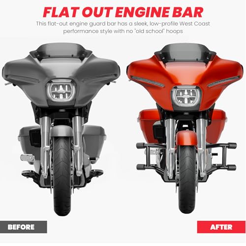 2014-2026 Front Engine Guard Crash Bar for Harley Touring Street Glide Road Glide Road King Electra Glide Ultra Classic, Gloss Black Flat Out Bar