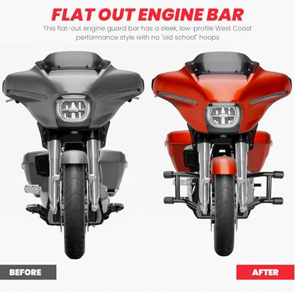 2014-2026 Front Engine Guard Crash Bar for Harley Touring Street Glide Road Glide Road King Electra Glide Ultra Classic, Gloss Black Flat Out Bar