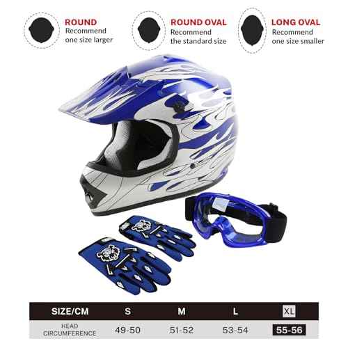 SLMOTO Dot Youth and Kids Motocross Offroad Street Helmet Motorcycle Helmet Dirt Bike Motocross ATV Helmet+Goggles+Gloves, Blue, XL - color: Blue Frame, size: X-Large