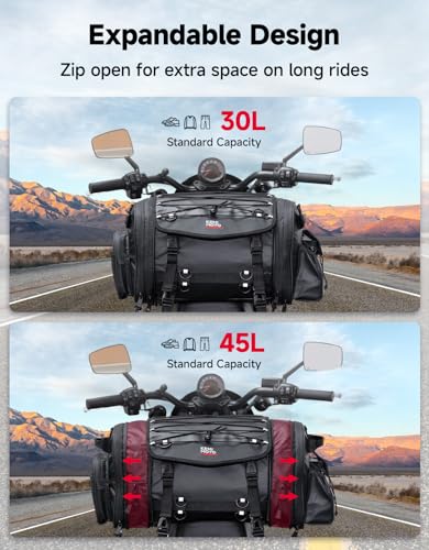 KEMIMOTO Motorcycle Travel Luggage Bags, Expandable Large Capacity Motorcycle Tail Bag, Waterproof Rear Rack Trunk, Motor Pannier Bag with Rain Cover and Straps 30L-45L - size: 30L-45L
