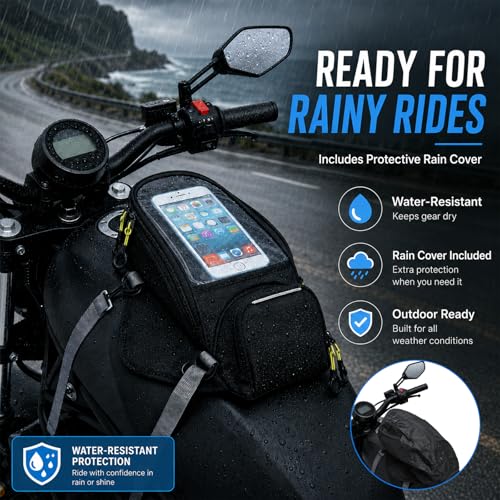 Motorcycle Tank Bag with Phone Holder, Magnetic & Strap Mount Motorcycle Tank Bag for Plastic/Metal Gas Tanks, Waterproof Touchscreen Tank Bag Fits Phones Under 6.3”, Riding Storage Bag