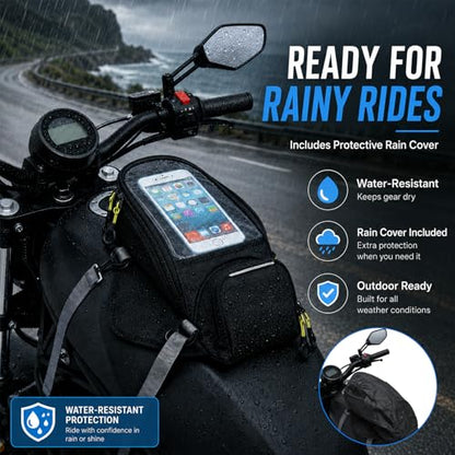 Motorcycle Tank Bag with Phone Holder, Magnetic & Strap Mount Motorcycle Tank Bag for Plastic/Metal Gas Tanks, Waterproof Touchscreen Tank Bag Fits Phones Under 6.3”, Riding Storage Bag