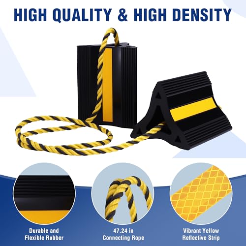 WORKPRO 4-Pack Rubber Wheel Chocks with Rope & 3 Reflective Strips, Heavy Duty Non-Slip Tire Stoppers for Cars, SUVs & Trailers, Rubber Wheel Wedges for Garage & Driveway