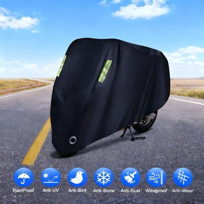 Motorcycle Cover All Season,Universal Weather Quality Waterproof Sun Outdoor Protection Scooter Shelter Tear Proof Night Reflective & Lock-Holes Storage Bag Fits up to 97" Motorcycles