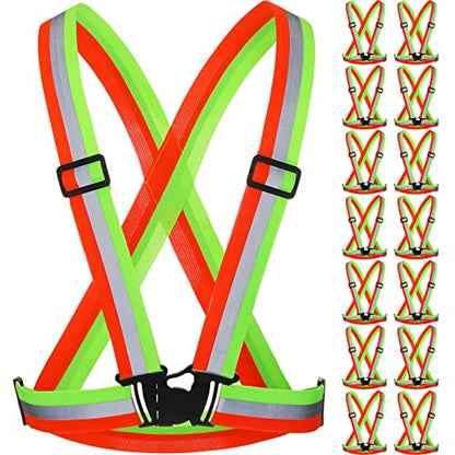 Macarrie 15 Pcs High Visible Reflective Running Vest Bulk Adjustable Safety Vest Elastic Straps Gear Night Walking Outdoor - color: Green and Orange