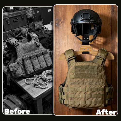Motorcycle Helmet Holder, Tactical Gear Rack Wall Mount, Solid Wood Body Armor Stand, Plate Carrier Hanger Display Organizer for Police Football Football Skiing, Jacket, Equipment