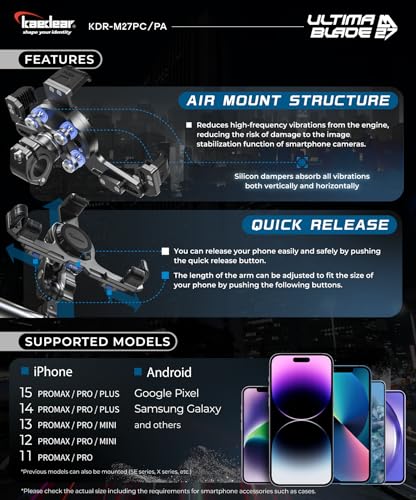 Kaedear Premium Motorcycle Phone Mount, Ql Wireless Charging, Aluminum, Anti-Vibrations, USB Charging, Quick Release Button, Durable, Anti-Theft Mount, Ultima Blade KDR-M27PA-BK (Black) - style: Qi Charging / 1" Ball - Black