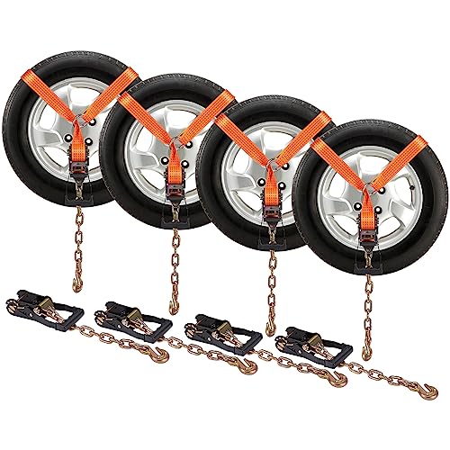 VEVOR Car Tie Down with Chain Anchors, Lasso Style 2"×120" Tire Straps, 5865 LBS Working Load, 11023 LBS Breaking Strength, with Heavy Duty Ratchets for Passenger Car, ATV, SUV, UTV, Truck, 4-Pack - style: Lasso-Style with Heavy Duty Hook